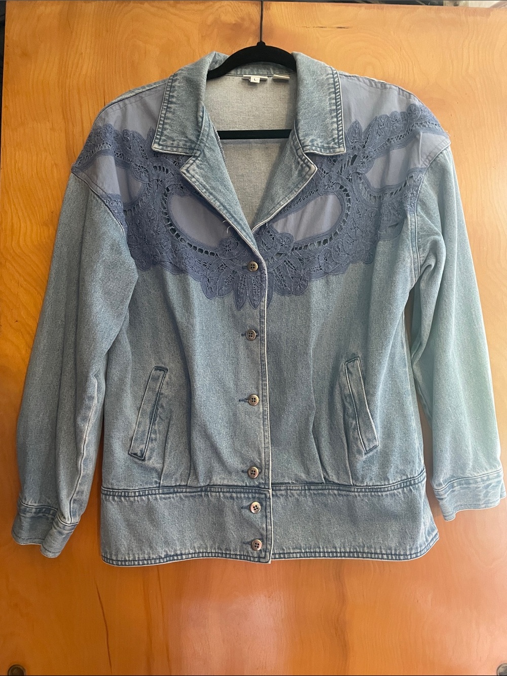 Together vintage Light Blue Denim Jacket with Lace Yoke size L
